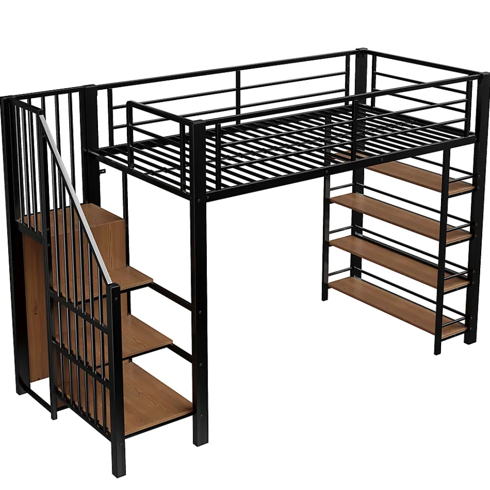 Okwish Lit Mezzanine 90x200 cm - Lit Simple avec Escalier Sécurisé et Rangement Intégré, Structure Métal et MDF, Sans Matelas - Noir* Lit Mezzanine