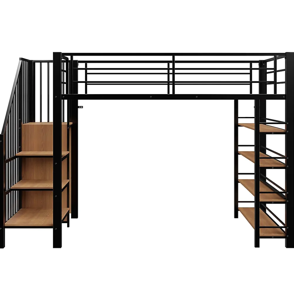 Okwish Lit Mezzanine 90x200 cm - Lit Simple avec Escalier Sécurisé et Rangement Intégré, Structure Métal et MDF, Sans Matelas - Noir* Lit Mezzanine
