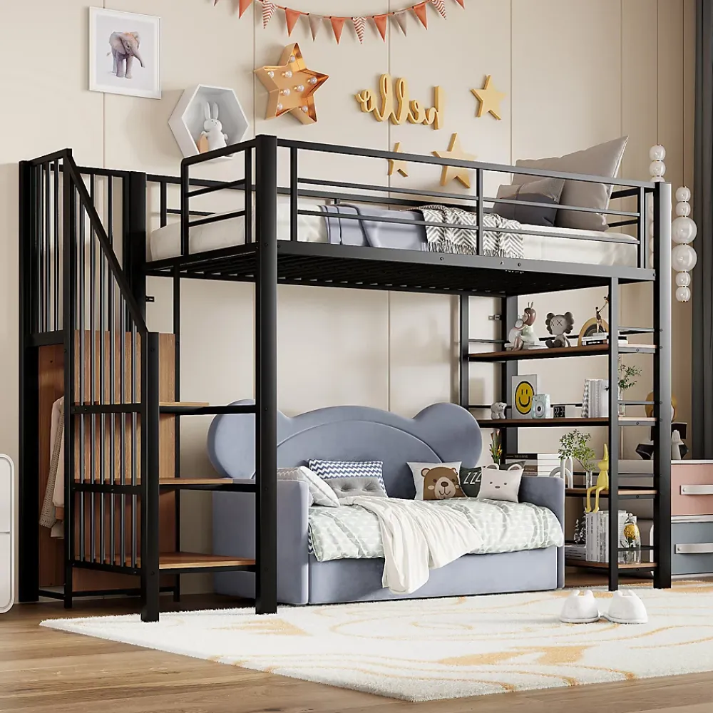 Okwish Lit Mezzanine 90x200 cm - Lit Simple avec Escalier Sécurisé et Rangement Intégré, Structure Métal et MDF, Sans Matelas - Noir* Lit Mezzanine