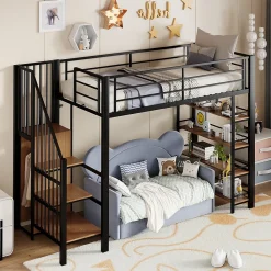 Okwish Lit Mezzanine 90x200 cm - Lit Simple avec Escalier Sécurisé et Rangement Intégré, Structure Métal et MDF, Sans Matelas - Noir* Lit Mezzanine