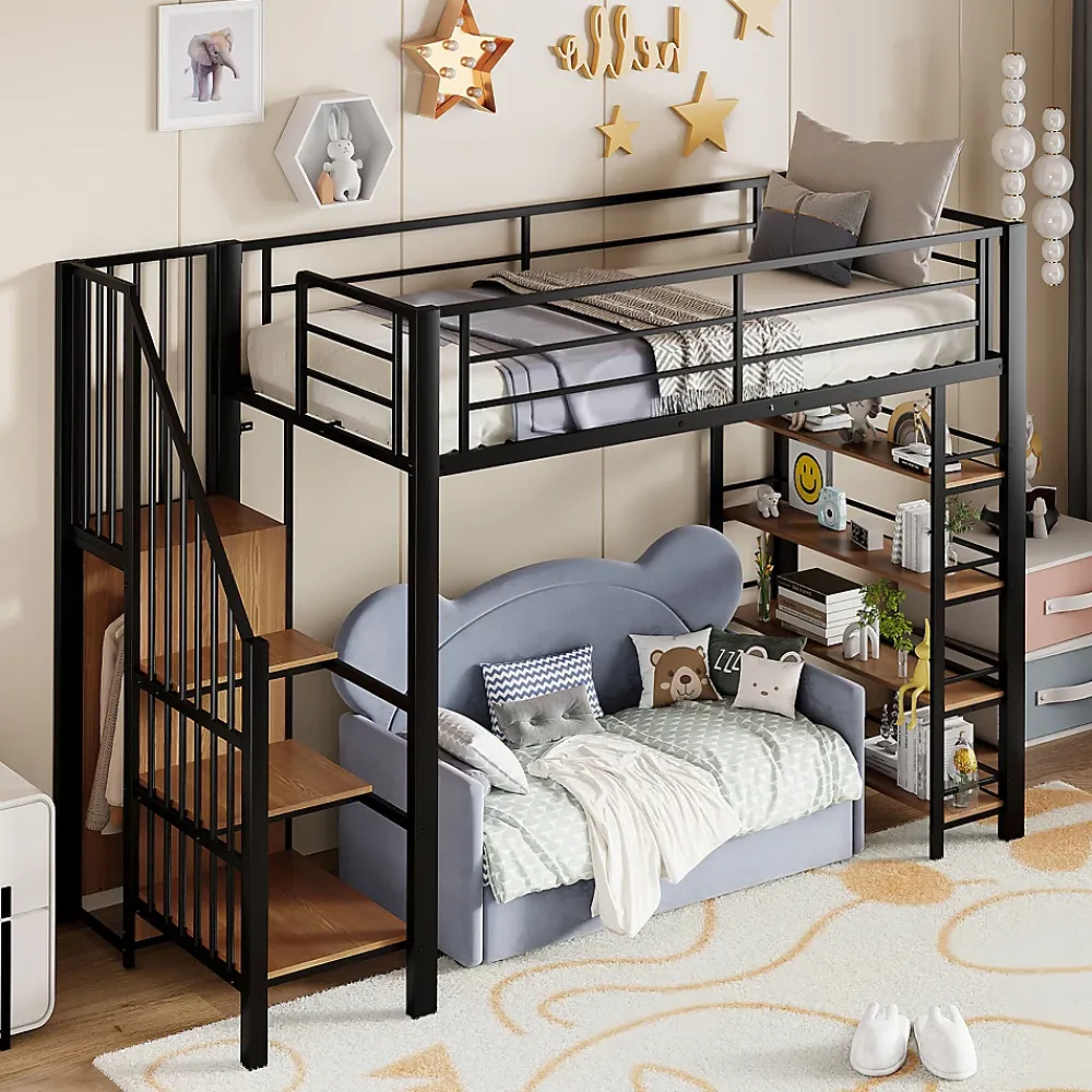 Okwish Lit Mezzanine 90x200 cm - Lit Simple avec Escalier Sécurisé et Rangement Intégré, Structure Métal et MDF, Sans Matelas - Noir* Lit Mezzanine