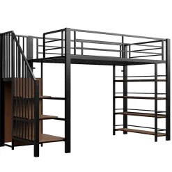 Okwish Lit Mezzanine 90x200 cm - Lit Simple avec Escalier Sécurisé et Rangement Intégré, Structure Métal et MDF, Sans Matelas - Noir* Lit Mezzanine