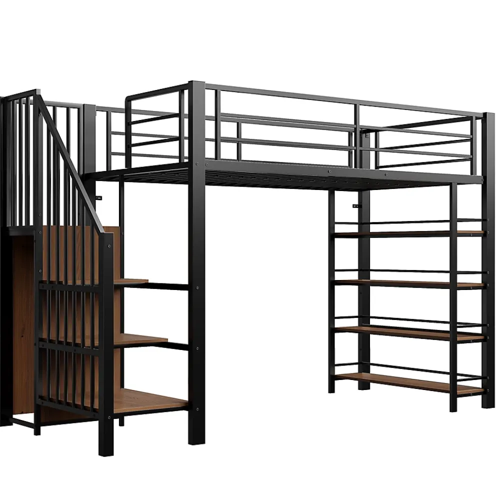 Okwish Lit Mezzanine 90x200 cm - Lit Simple avec Escalier Sécurisé et Rangement Intégré, Structure Métal et MDF, Sans Matelas - Noir* Lit Mezzanine