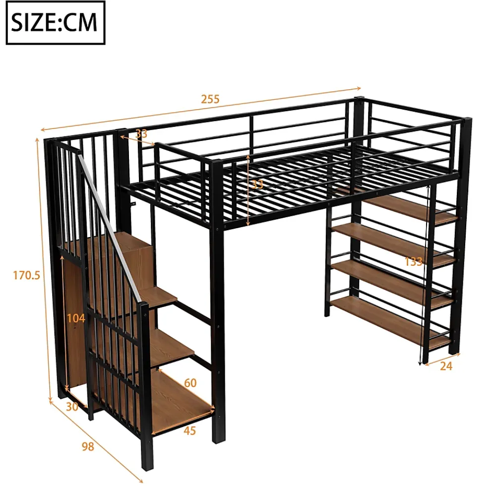 Okwish Lit Mezzanine 90x200 cm - Lit Simple avec Escalier Sécurisé et Rangement Intégré, Structure Métal et MDF, Sans Matelas - Noir* Lit Mezzanine