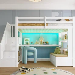 Okwish Lit Mezzanine 90x200 cm - Lit Simple avec Bureau et Étagères, LED Intégrée, sans Matelas - MDF Blanc* Lit Mezzanine