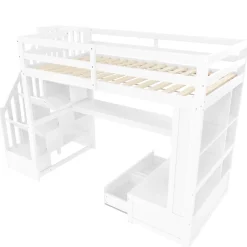 Okwish Lit Mezzanine 90x200 cm - Lit Simple avec Bureau et Étagères, LED Intégrée, sans Matelas - MDF Blanc* Lit Mezzanine