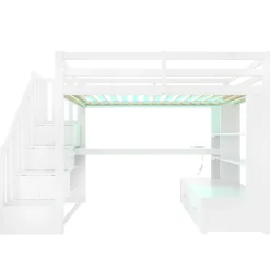 Okwish Lit Mezzanine 90x200 cm - Lit Simple avec Bureau et Étagères, LED Intégrée, sans Matelas - MDF Blanc* Lit Mezzanine