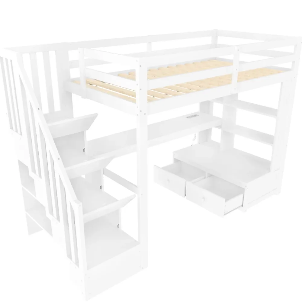 Okwish Lit Mezzanine 90x200 cm - Lit Simple avec Bureau et Étagères, LED Intégrée, sans Matelas - MDF Blanc* Lit Mezzanine