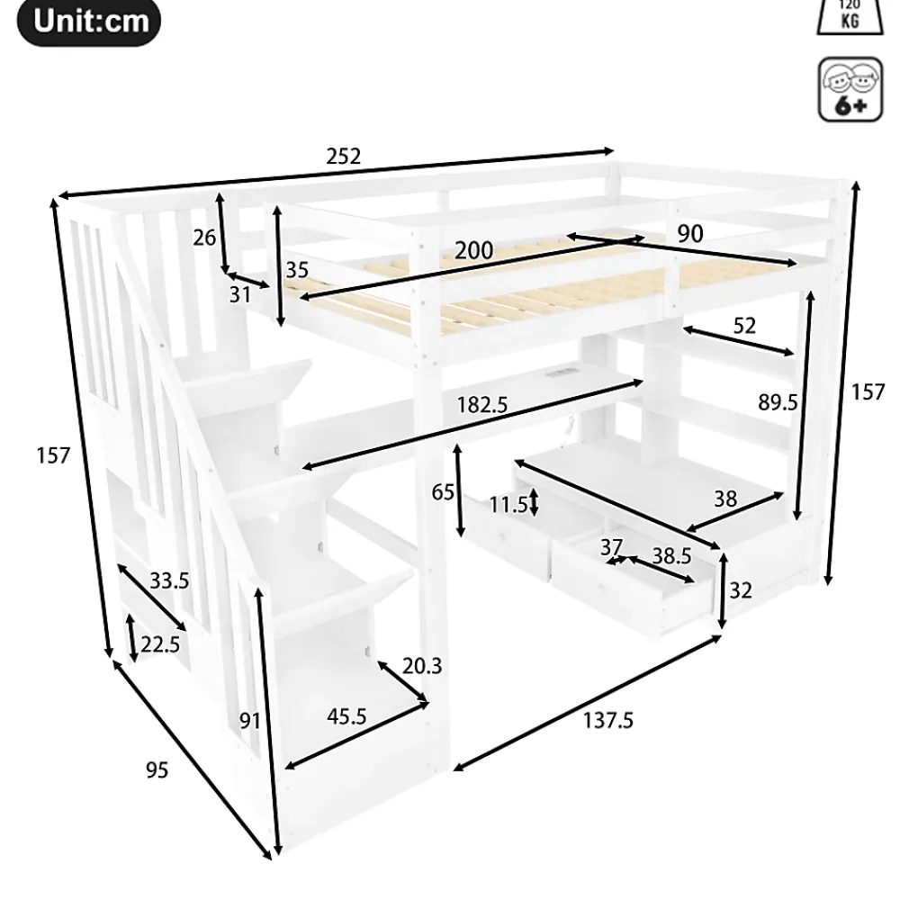 Okwish Lit Mezzanine 90x200 cm - Lit Simple avec Bureau et Étagères, LED Intégrée, sans Matelas - MDF Blanc* Lit Mezzanine
