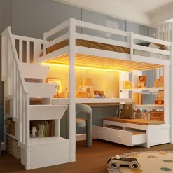 Okwish Lit Mezzanine 90x200 cm - Lit Simple avec Bureau et Étagères, LED Intégrée, sans Matelas - MDF Blanc* Lit Mezzanine