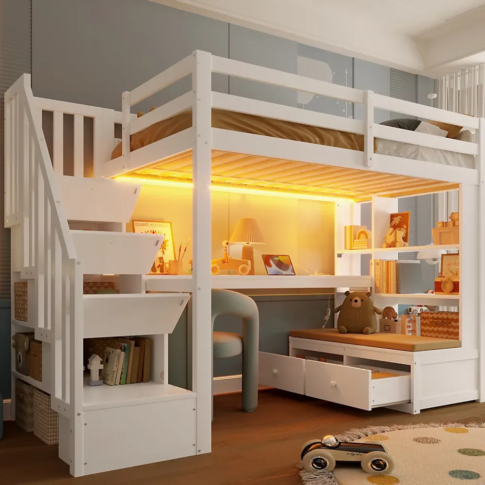 Okwish Lit Mezzanine 90x200 cm - Lit Simple avec Bureau et Étagères, LED Intégrée, sans Matelas - MDF Blanc* Lit Mezzanine