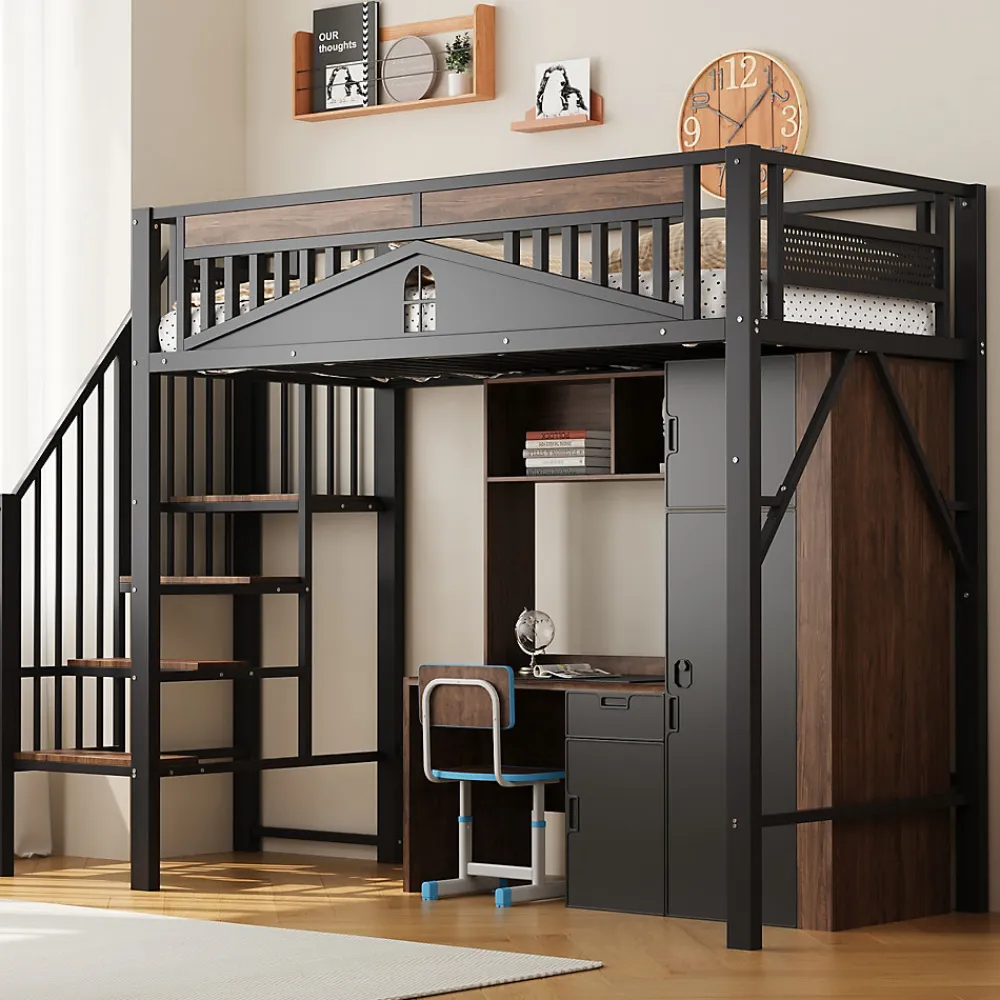Lit Mezzanine 90x200 cm - Lit Simple avec Barrières de Sécurité et Échelle, Sans Matelas - Métal et Bois Noir>Okwish Discount