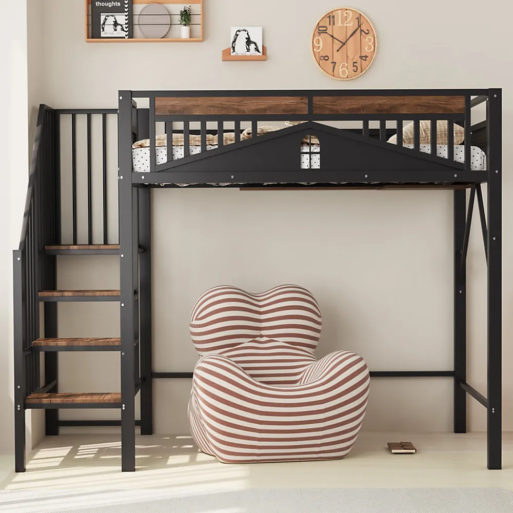 Lit Mezzanine 90x200 cm - Lit Simple avec Barrières de Sécurité et Échelle, Sans Matelas - Métal et Bois Noir>Okwish Discount