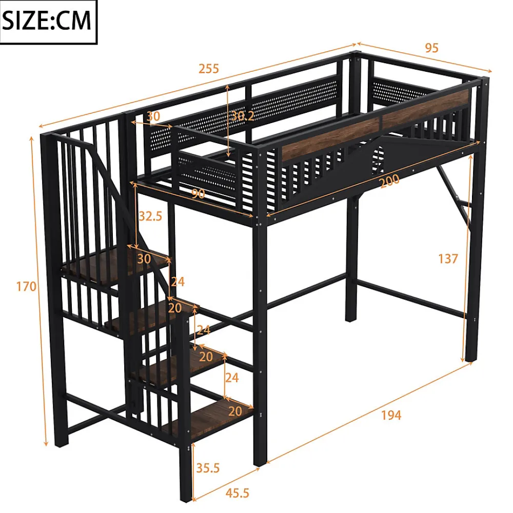 Lit Mezzanine 90x200 cm - Lit Simple avec Barrières de Sécurité et Échelle, Sans Matelas - Métal et Bois Noir>Okwish Discount