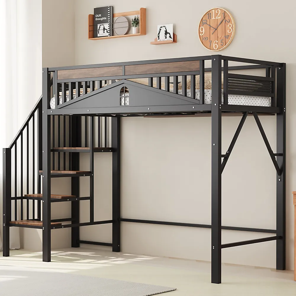 Lit Mezzanine 90x200 cm - Lit Simple avec Barrières de Sécurité et Échelle, Sans Matelas - Métal et Bois Noir>Okwish Discount