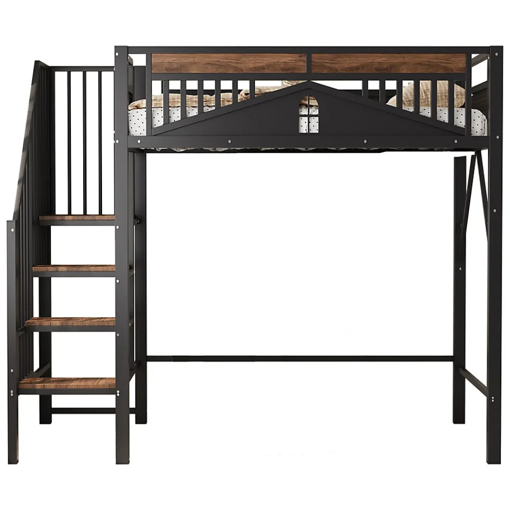 Lit Mezzanine 90x200 cm - Lit Simple avec Barrières de Sécurité et Échelle, Sans Matelas - Métal et Bois Noir>Okwish Discount