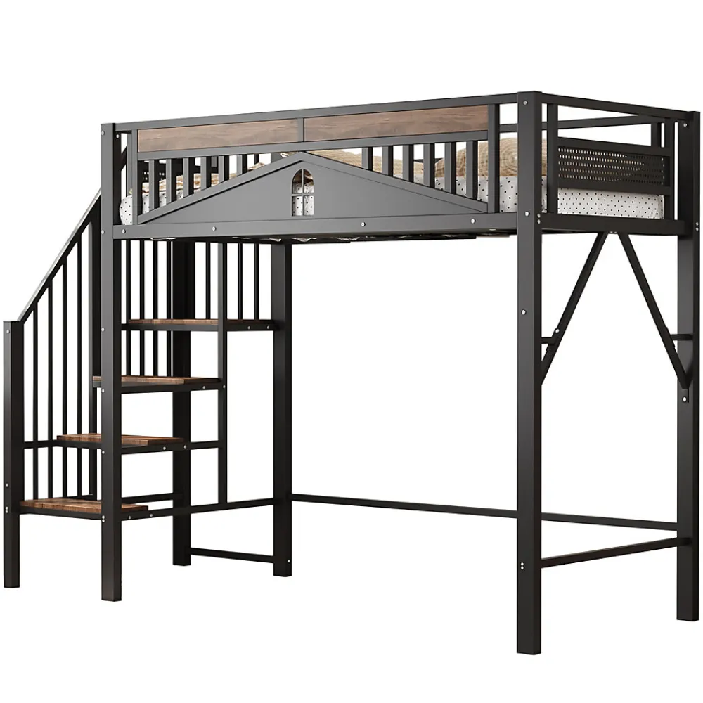 Lit Mezzanine 90x200 cm - Lit Simple avec Barrières de Sécurité et Échelle, Sans Matelas - Métal et Bois Noir>Okwish Discount