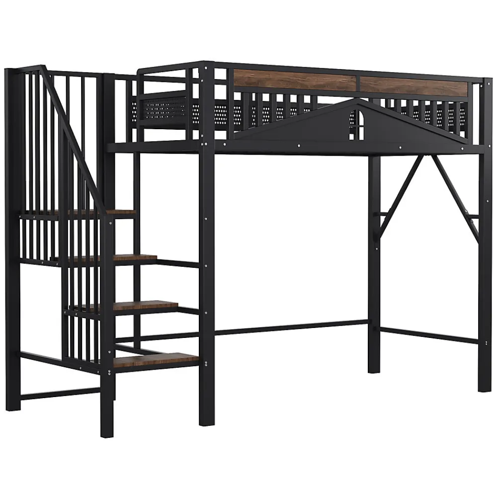 Lit Mezzanine 90x200 cm - Lit Simple avec Barrières de Sécurité et Échelle, Sans Matelas - Métal et Bois Noir>Okwish Discount