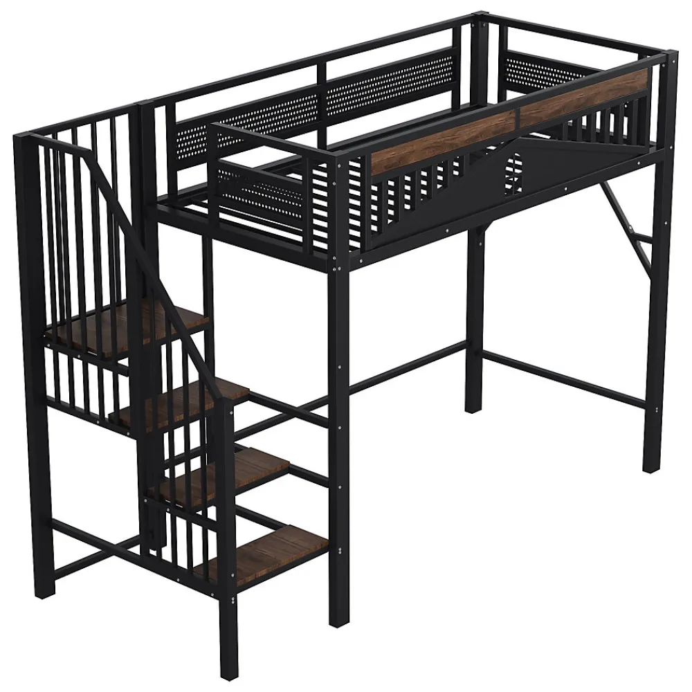 Lit Mezzanine 90x200 cm - Lit Simple avec Barrières de Sécurité et Échelle, Sans Matelas - Métal et Bois Noir>Okwish Discount