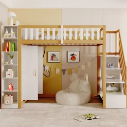 Okwish Lit Mezzanine 90x200 cm - Lit Simple avec Escalier Sécurisé, Armoire et Étagères de Rangement, Pin et MDF, Blanc et Bois Naturel* Lit Mezzanine
