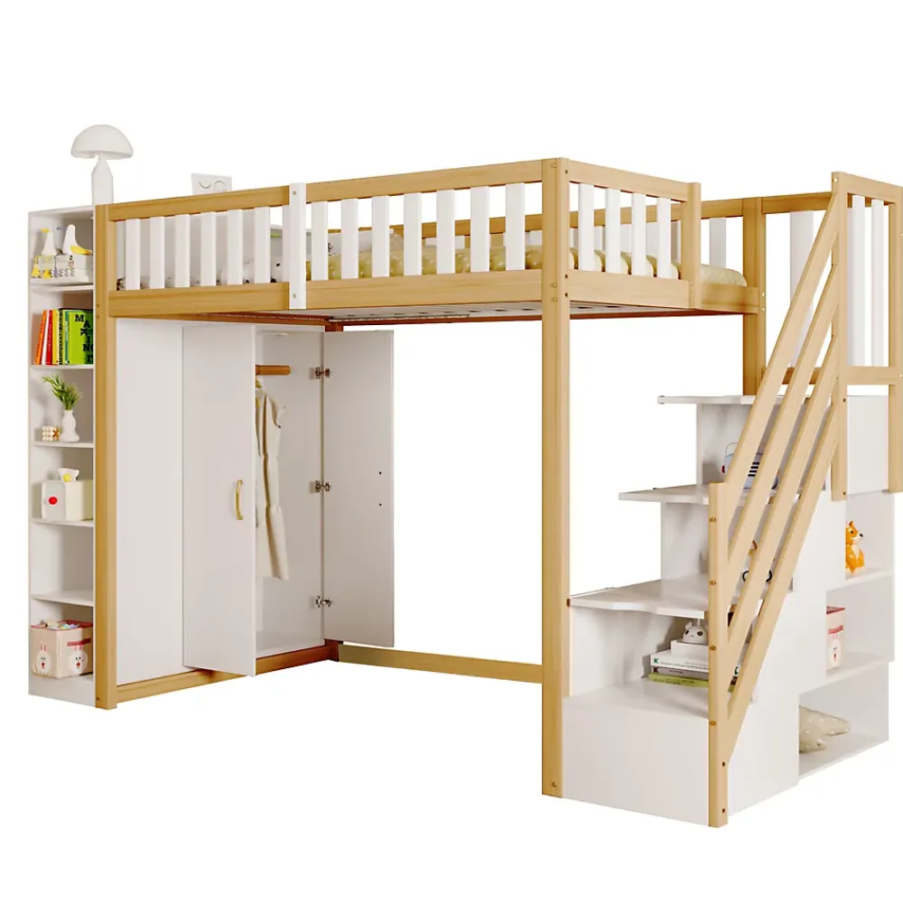 Okwish Lit Mezzanine 90x200 cm - Lit Simple avec Escalier Sécurisé, Armoire et Étagères de Rangement, Pin et MDF, Blanc et Bois Naturel* Lit Mezzanine