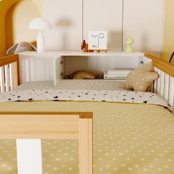 Okwish Lit Mezzanine 90x200 cm - Lit Simple avec Escalier Sécurisé, Armoire et Étagères de Rangement, Pin et MDF, Blanc et Bois Naturel* Lit Mezzanine