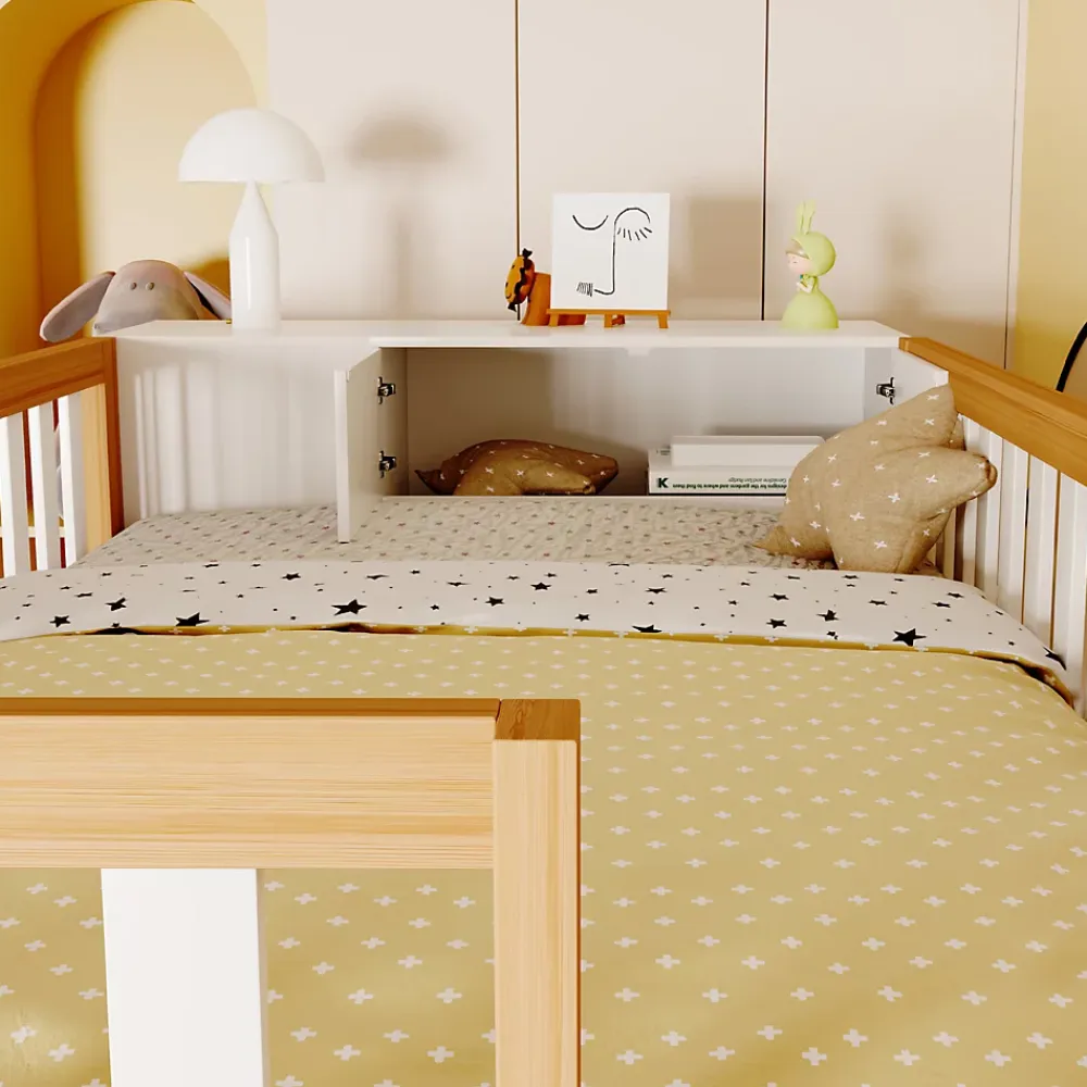 Okwish Lit Mezzanine 90x200 cm - Lit Simple avec Escalier Sécurisé, Armoire et Étagères de Rangement, Pin et MDF, Blanc et Bois Naturel* Lit Mezzanine