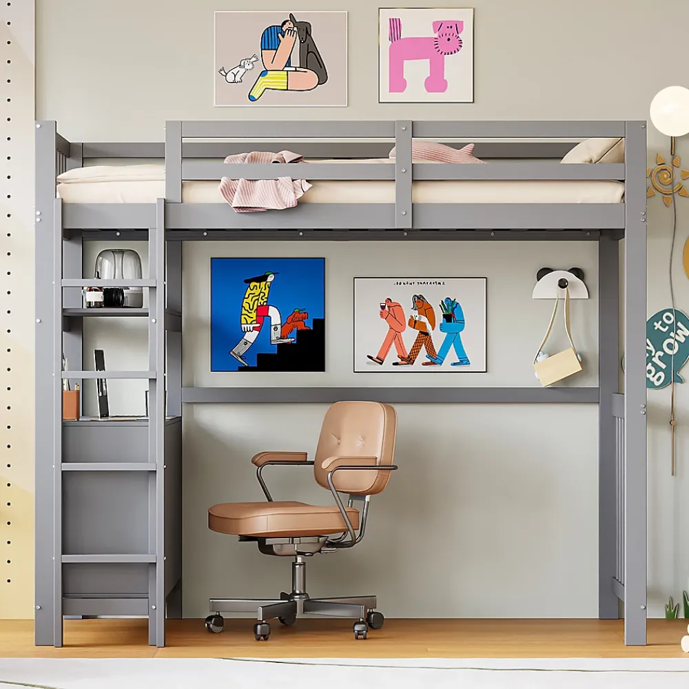Generique Lit Mezzanine 90x200 cm - Lit Simple avec Échelle Verticale, Tiroirs et Étagères de Rangement, Sans Matelas - Gris* Lit Mezzanine