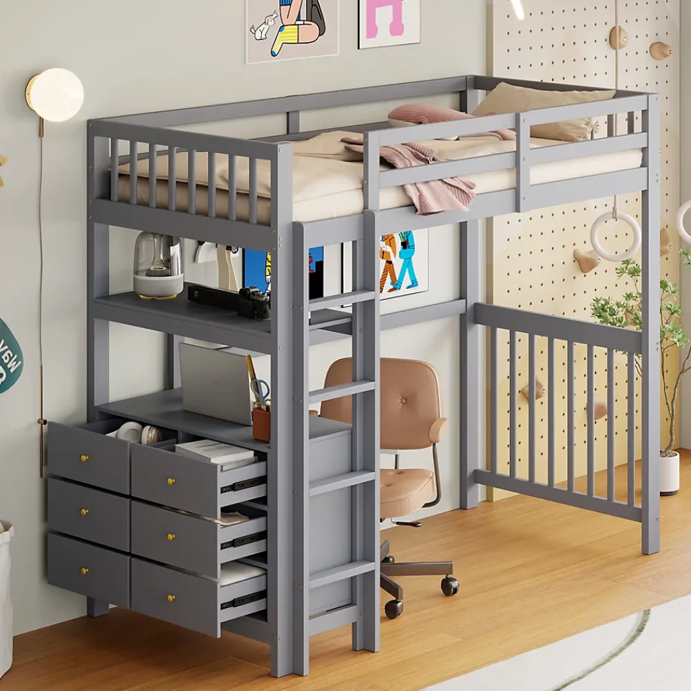 Generique Lit Mezzanine 90x200 cm - Lit Simple avec Échelle Verticale, Tiroirs et Étagères de Rangement, Sans Matelas - Gris* Lit Mezzanine