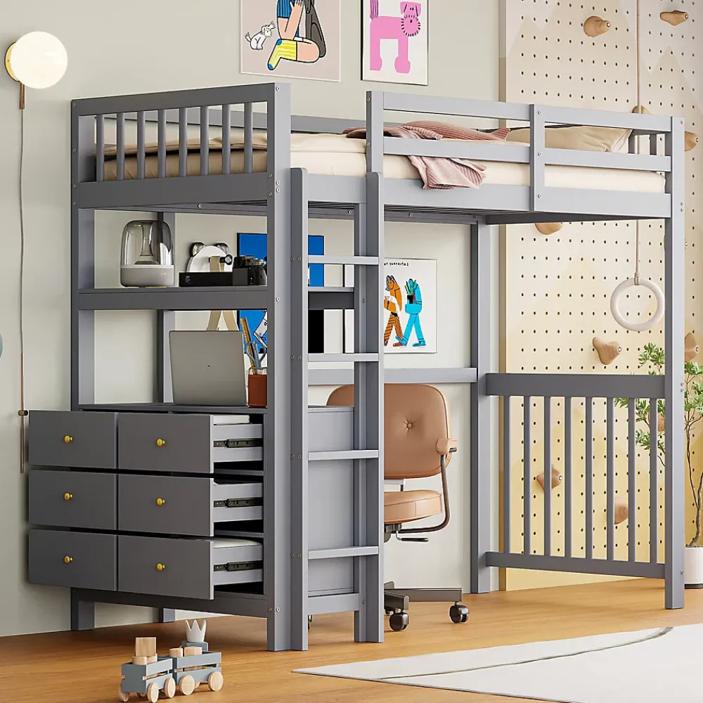 Generique Lit Mezzanine 90x200 cm - Lit Simple avec Échelle Verticale, Tiroirs et Étagères de Rangement, Sans Matelas - Gris* Lit Mezzanine