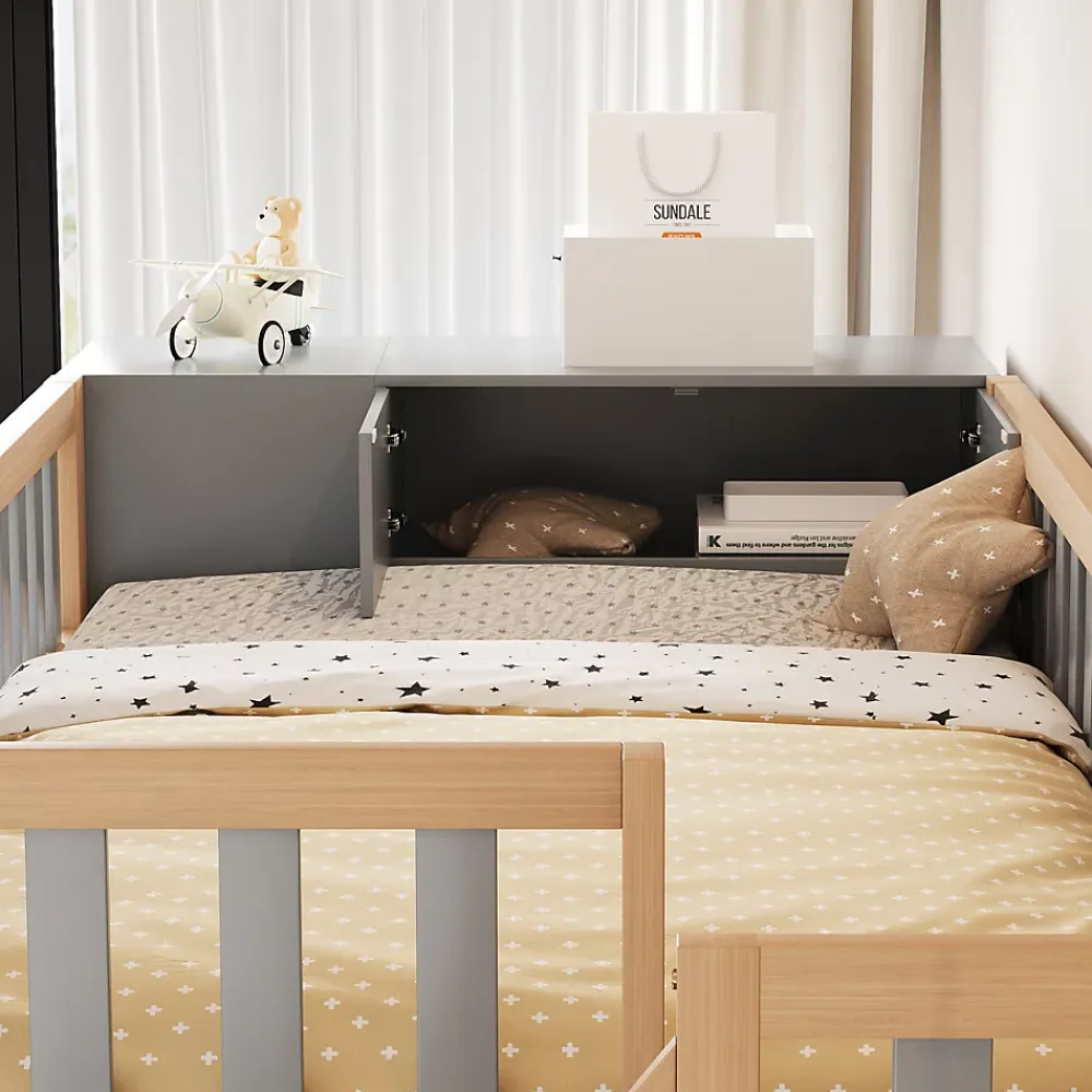Okwish Lit Mezzanine 90x200 cm - Lit Simple avec Escalier Sécurisé, Armoire et Étagères de Rangement, Pin et MDF, Gris et Bois Naturel* Lit Mezzanine