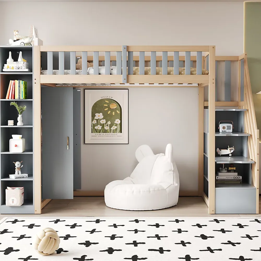 Okwish Lit Mezzanine 90x200 cm - Lit Simple avec Escalier Sécurisé, Armoire et Étagères de Rangement, Pin et MDF, Gris et Bois Naturel* Lit Mezzanine