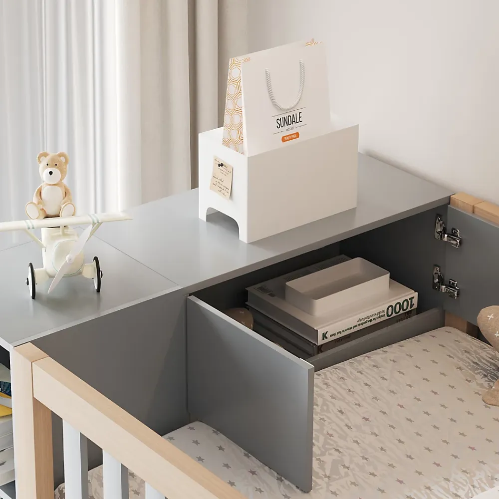 Okwish Lit Mezzanine 90x200 cm - Lit Simple avec Escalier Sécurisé, Armoire et Étagères de Rangement, Pin et MDF, Gris et Bois Naturel* Lit Mezzanine