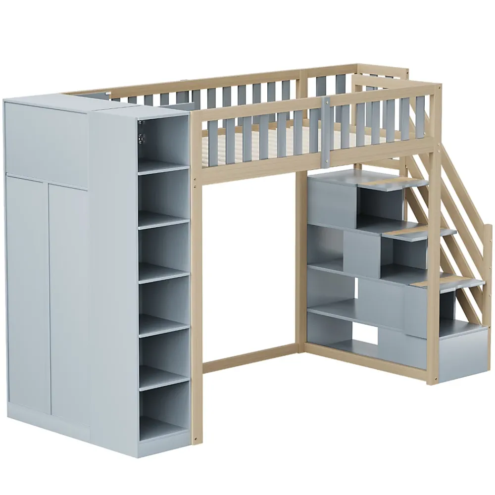 Okwish Lit Mezzanine 90x200 cm - Lit Simple avec Escalier Sécurisé, Armoire et Étagères de Rangement, Pin et MDF, Gris et Bois Naturel* Lit Mezzanine