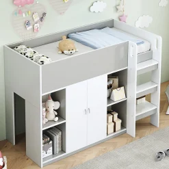 Lit mezzanine 90x200 cm - Lit simple avec échelle intégrée, placard pratique et rangements - Pin et MDF - Gris>Okwish Best
