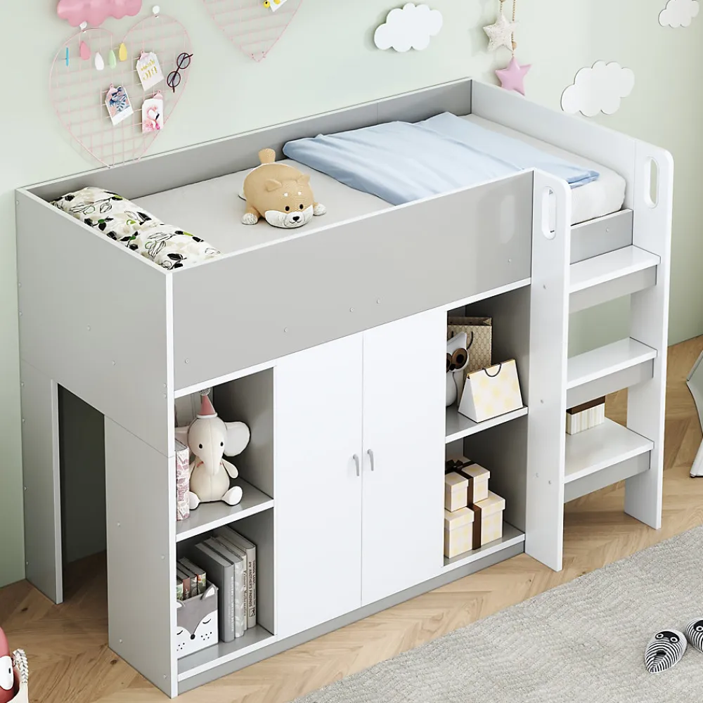 Lit mezzanine 90x200 cm - Lit simple avec échelle intégrée, placard pratique et rangements - Pin et MDF - Gris>Okwish Best