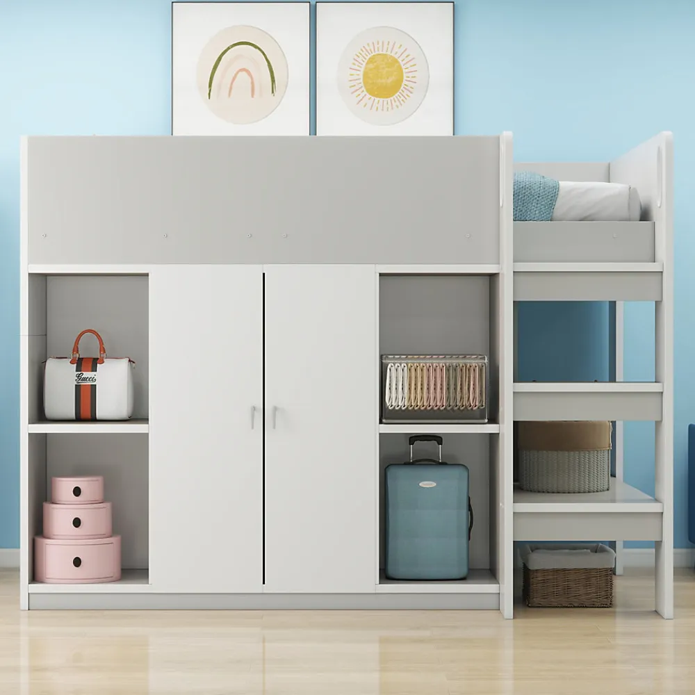 Lit mezzanine 90x200 cm - Lit simple avec échelle intégrée, placard pratique et rangements - Pin et MDF - Gris>Okwish Best