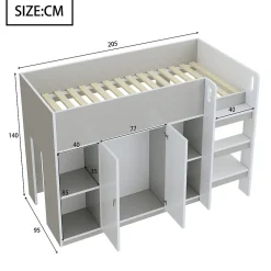 Lit mezzanine 90x200 cm - Lit simple avec échelle intégrée, placard pratique et rangements - Pin et MDF - Gris><noscript><img width=