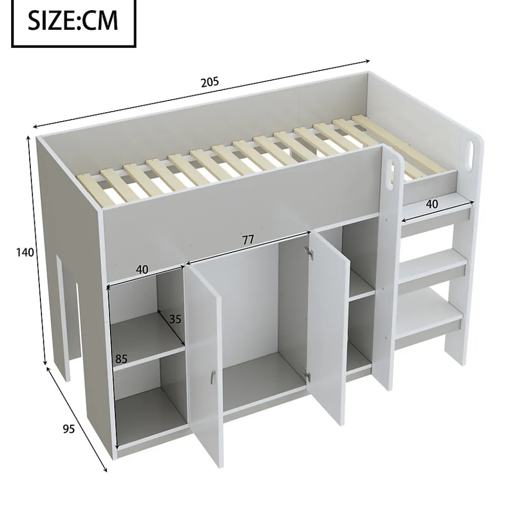 Lit mezzanine 90x200 cm - Lit simple avec échelle intégrée, placard pratique et rangements - Pin et MDF - Gris>Okwish Best