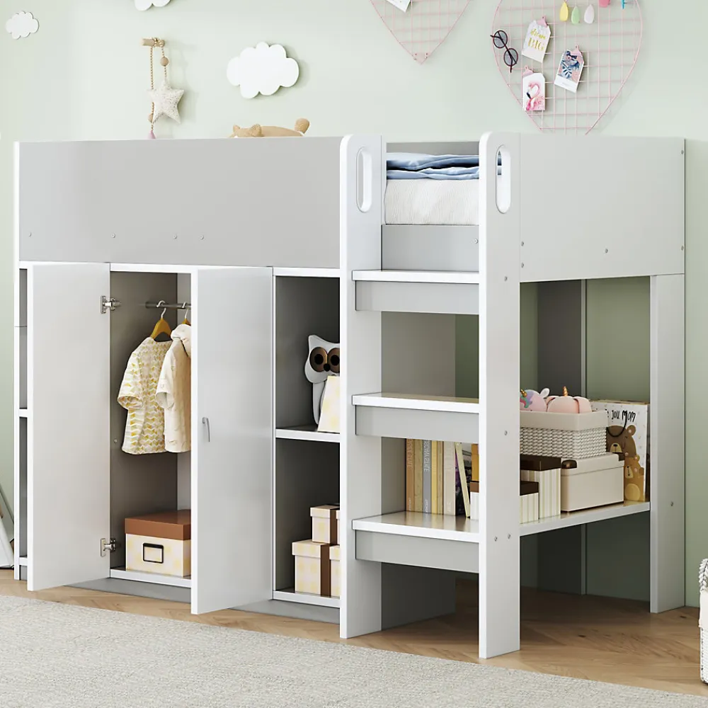 Lit mezzanine 90x200 cm - Lit simple avec échelle intégrée, placard pratique et rangements - Pin et MDF - Gris>Okwish Best