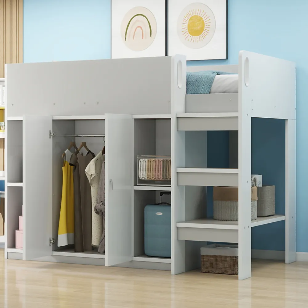 Lit mezzanine 90x200 cm - Lit simple avec échelle intégrée, placard pratique et rangements - Pin et MDF - Gris>Okwish Best