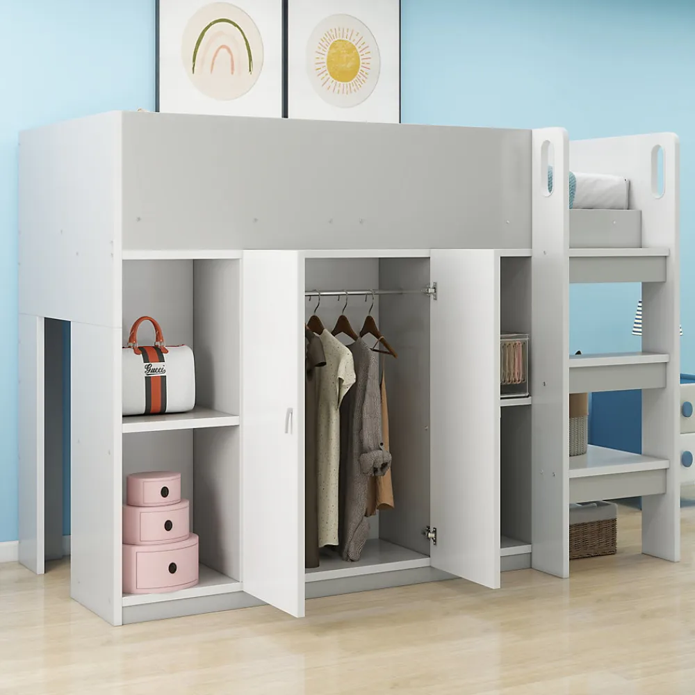 Lit mezzanine 90x200 cm - Lit simple avec échelle intégrée, placard pratique et rangements - Pin et MDF - Gris>Okwish Best