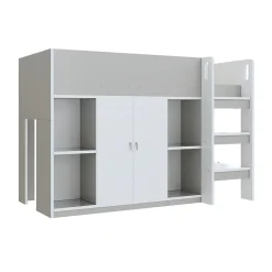 Lit mezzanine 90x200 cm - Lit simple avec échelle intégrée, placard pratique et rangements - Pin et MDF - Gris><noscript><img width=