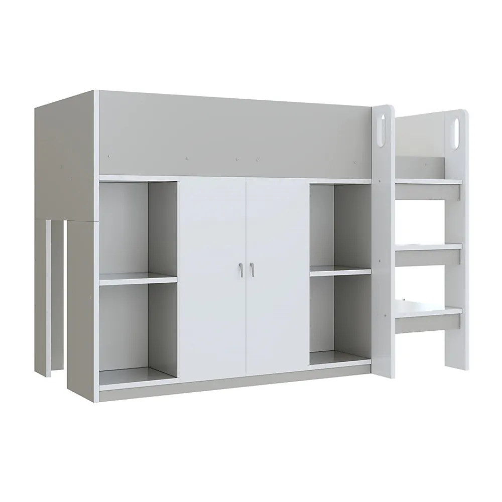 Lit mezzanine 90x200 cm - Lit simple avec échelle intégrée, placard pratique et rangements - Pin et MDF - Gris>Okwish Best