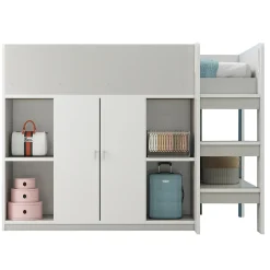 Lit mezzanine 90x200 cm - Lit simple avec échelle intégrée, placard pratique et rangements - Pin et MDF - Gris><noscript><img width=