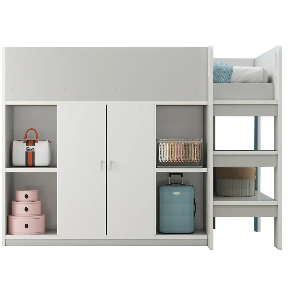 Lit mezzanine 90x200 cm - Lit simple avec échelle intégrée, placard pratique et rangements - Pin et MDF - Gris>Okwish Best