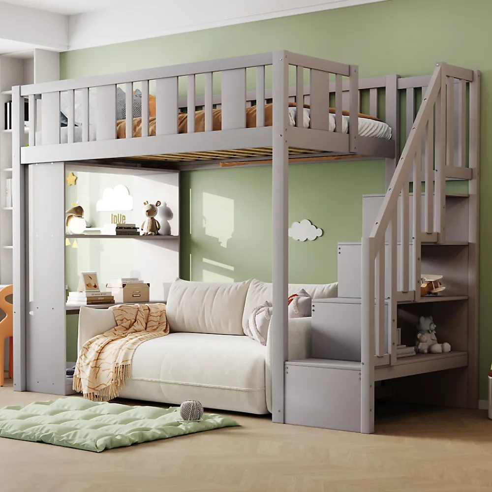 Lit mezzanine 90x200 cm - Lit simple avec échelle pratique, tiroirs de rangement intégrés et structure robuste - Pin et MDF - Gris>Okwish Hot