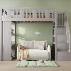 Lit mezzanine 90x200 cm - Lit simple avec échelle pratique, tiroirs de rangement intégrés et structure robuste - Pin et MDF - Gris><noscript><img width=