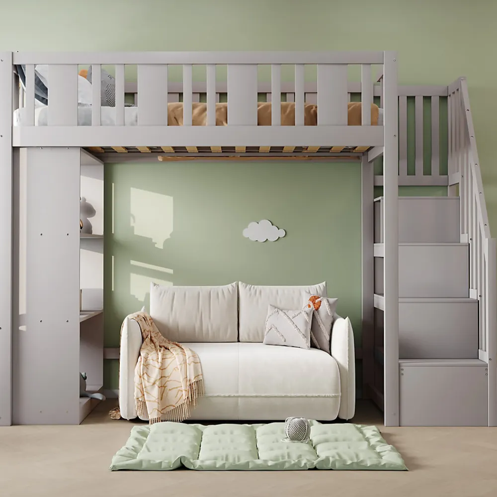 Lit mezzanine 90x200 cm - Lit simple avec échelle pratique, tiroirs de rangement intégrés et structure robuste - Pin et MDF - Gris>Okwish Hot