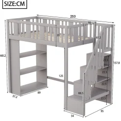 Lit mezzanine 90x200 cm - Lit simple avec échelle pratique, tiroirs de rangement intégrés et structure robuste - Pin et MDF - Gris><noscript><img width=